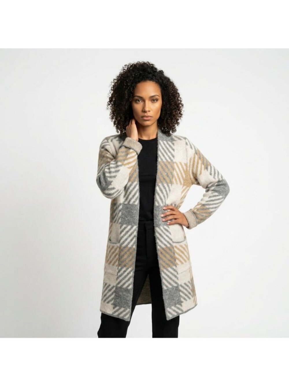 Nine West Plaid Open-Front Cardigan Sweater OX Gray Beige Size 0X